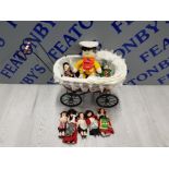 VINTAGE CHILDS PRAM TOGETHER WITH MISCELLANEOUS SMALL DOLLS