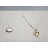 LADIES SILVER LOCKET AND CHAIN TOGETHER WITH LADIES ORNATE GREEN STONE PENDANT ON CHAIN 25.5G GROSS