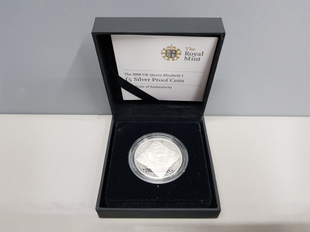 UK ROYAL MINT 2008 5 POUND QUEEN ELIZABETH 1ST SILVER PROOF COIN IN CASE OF ISSUE WITH CERTIFICATES - Image 3 of 4