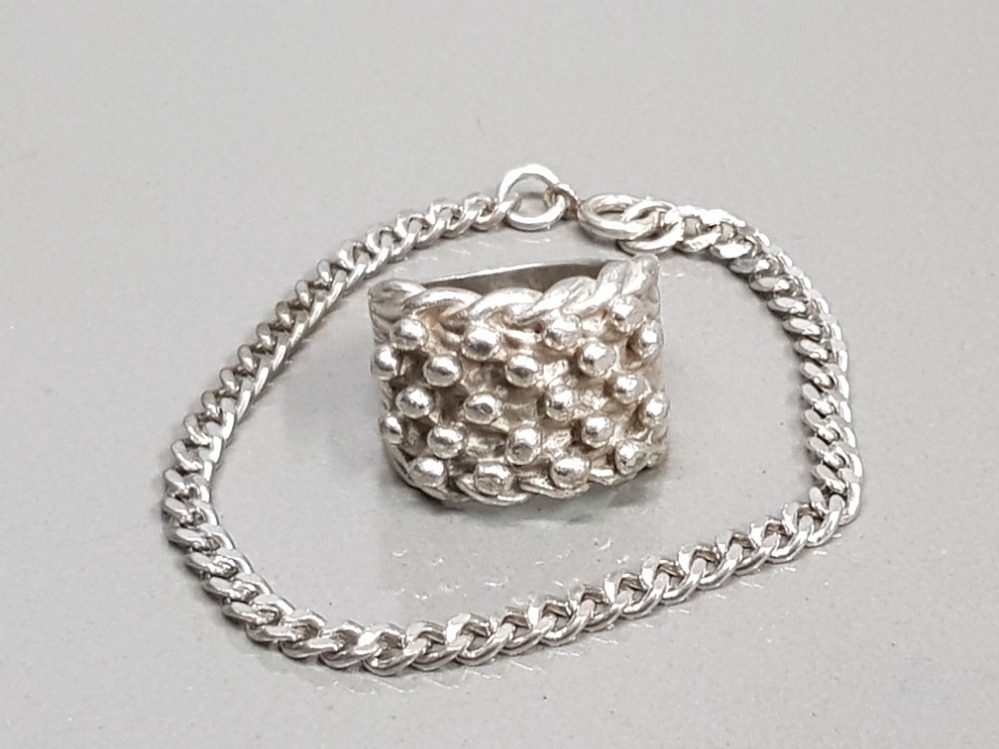 SILVER CURB BRACELET AND 1 SILVER KEEPER RING 26G