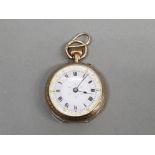9CT YELLOW GOLD SMALL POCKET WATCH WITH WHITE PINK AND GOLD DIAL
