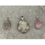 3 SILVER PENDANTS SET WITH TURQUOISE FLOWER PINK OVAL STONE AND LEAF DESIGN
