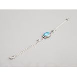 SILVER DOUBLE ROW FOXTAIL STYLE LINK BRACELET SET WITH OVAL BLUE STONE IN ORNATE SETTING 9.2G GROSS