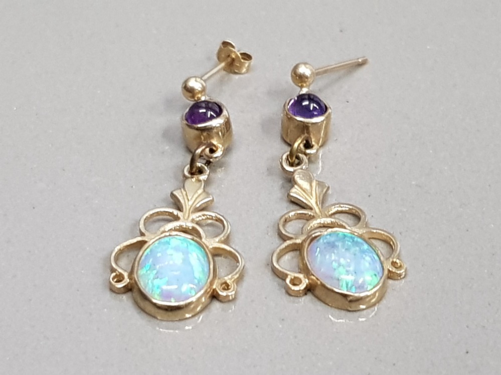 9CT YELLOW GOLD AMETHYST AND OPAL DROP EARRINGS 2.9G GROSS