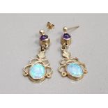 9CT YELLOW GOLD AMETHYST AND OPAL DROP EARRINGS 2.9G GROSS