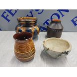 4 PIECES OF STUDIO POTTERY INCLUDING TOBACCO JAR, 2 POTS AND A SMALL BOWL