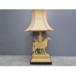 ORIENTAL COMPOSITION FIGURAL TABLE LAMP WITH A MAN ON A HORSE UPON STEPPED PLINTH