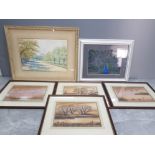 A SET OF 4 FRAMES WATERCOLOURS SIGNED AND DATED HORSFIELD 92 TOGETHER WITH 2 OTHER FRAMED ITEMS