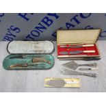 MIXED CUTLERY ITEMS INCLUDES CARVING SET WITH HORNED HANDLES AND A CARVERS BOXED SET ETC