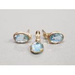 9CT YELLOW GOLD OVAL BLUE STONE DROP EARRINGS WITH MATCHING PENDANT 0.8G GROSS