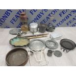 BOX OF METALWARE INCLUDING PEWTER PLATES AND CUP HOLDERS BRASS GARDEN SPRAYS TILLEY LAMP AND CAMPING