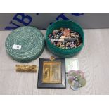 BASKET OF COSTUME JEWELLERY AND FRAMED MINIATURES