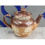 ANTIQUE SMALL ROYAL DOULTON LAMBETH HARVEST WARE SILVER RIM TEAPOT, HANDLE HAS BEEN REPAIRED