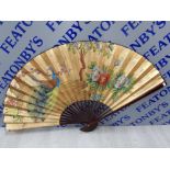 LARGE JAPANESE WALL FAN WITH DECORATIVE PEACOCK AND FLORAL PATTERNS