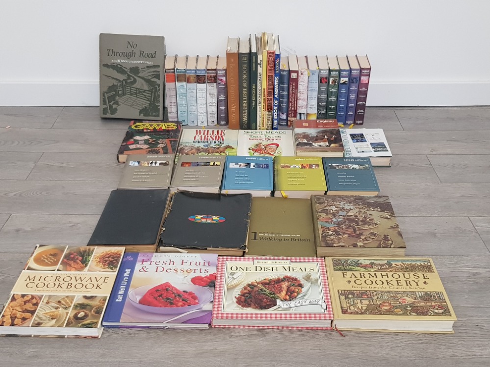 A LARGE BOX OF MISCELLANEOUS BOOKS INCLUDES AA READERS DIGEST BOOK OF THE ROAD ETC