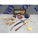 TRAY OF MISCELLANEOUS CABINET PIECES INCLUDING CHINESE FIGURES LIMOGES MINIATURES LETTER OPENER ETC