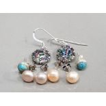 4 PAIRS OF SILVER EARRINGS CASED INCLUDING TURQUOISE AND FRESH WATER PEARLS 5.8G GROSS