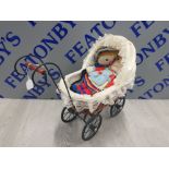 VINTAGE METAL AND WICKER CHILDS PRAM TOGETHER WITH 2 VINTAGE SOFT TOYS