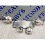 4 PIECE STAINLESS STEEL MID CENTURY MODERN SPUTNIK STYLE TEA SERVICE ON STAINLESS STEEL TRAY