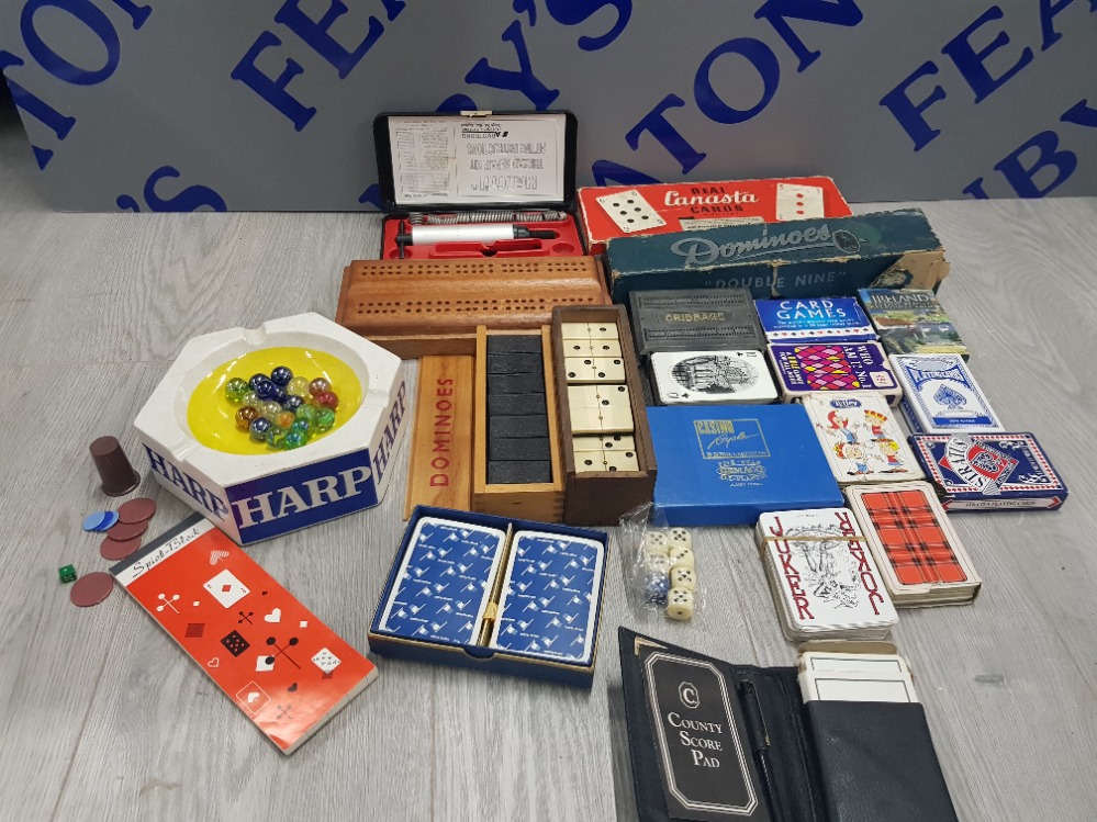 A BOX OF MISCELLANEOUS ITEMS MAINLY PLAYING CARDS DOMINOES ETC