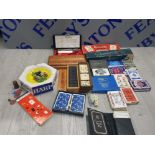 A BOX OF MISCELLANEOUS ITEMS MAINLY PLAYING CARDS DOMINOES ETC