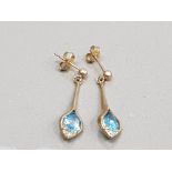 9CT YELLOW GOLD BLUE STONE AND DIAMOND DROP EARRINGS WITH BUTTERFLY BACKS 1.9G GROSS