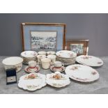 BOX OF MISCELLANEOUS ITEMS TO INCLUDE ROYAL WORCESTER THIMBLE 2 FRAMED ITEMS TEA CHINA CHINA ETC