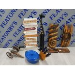 COLLECTION OF MIXED ITEMS INCLUDING WOODEN DECORATIVE TABLE PIECES, 2 VINTAGE CANNONS AND A CAST