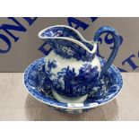 VICTORIA WARE BLUE AND WHITE LARGE WATER JUG AND BOWL IRON STONE