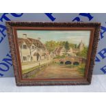 FRAMED OIL ON BOARD CASTLE COMBE WILTSHIRE SIGNED INDISTINCT