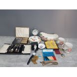 BOX OF MISCELLANEOUS ITEMS TO INCLUDE MALING ROYAL WORCESTER RINGTONS COSTUME JEWELLERY CUTLERY ETC