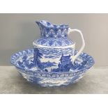 LARGE CAULDON BLUE AND WHITE WASH JUG AND BASIN