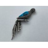 LARGE SILVER MARCASITE AND TURQUOISE TOUCAN BROOCH PENDANT