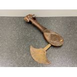 POLYNESIAN/ OCEANIA CEREMONIAL AXE WITH HAND ETCHED BLADE CARVED HEAD POMMEL AND HAND FORGED NAIL