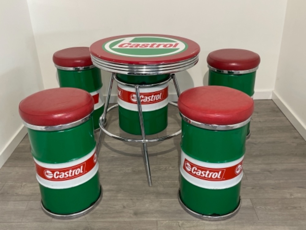 CASTROL OIL TABLE AND 4 CHAIRS WITH RED LEATHER