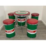 CASTROL OIL TABLE AND 4 CHAIRS WITH RED LEATHER