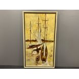 FRAMED OIL ON BOARD TITLED BOATS, SIGNED AND DATED 1971 BY ARTIST ROBERT TURNBULL, WITH ORIGINAL