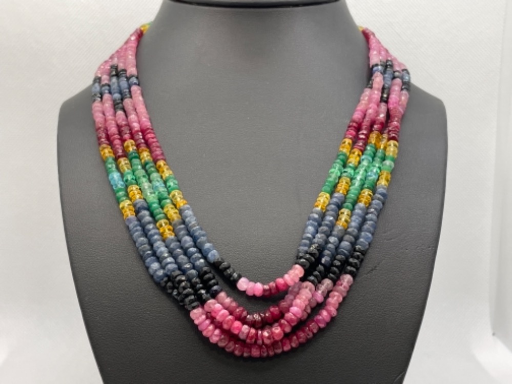 MULTI STRAND BEADS NECKLACE WITH RUBIES EMERALDS AND SAPPHIRES