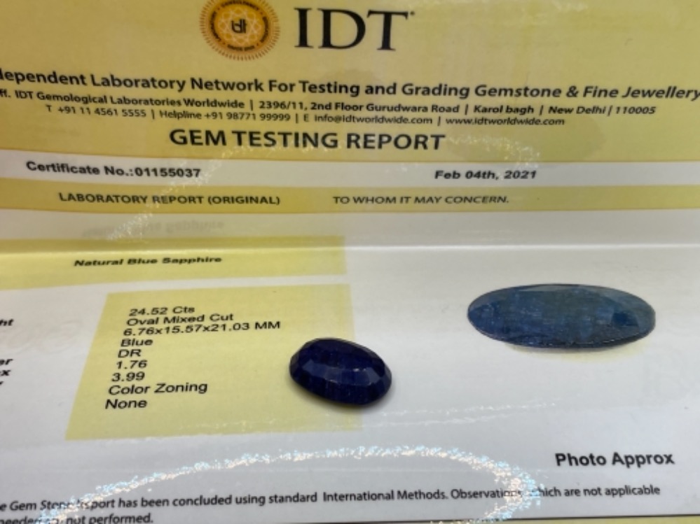 OVAL BLUE SAPPHIRE GEMSTONE IDT CERTIFIED 24.52CT - Bild 3 aus 3