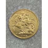 22CT GOLD 1881 FULL SOVEREIGN COIN YOUNG HEAD