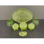 SOWERBY GREEN URANIUM GLASS BUTTERFLY DRESSING TABLE SET COMPLETE