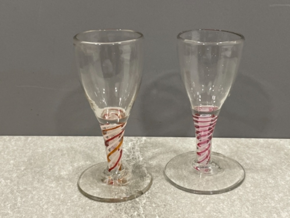 2 X 1800S COLOURED AIR TWIST STEM HAND BLOWN GLASSES