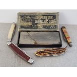 4 VINTAGE POCKET KNIVES AND VINTAGE ALOXITE SHARPENING STONE WITH ORIGINAL BOX