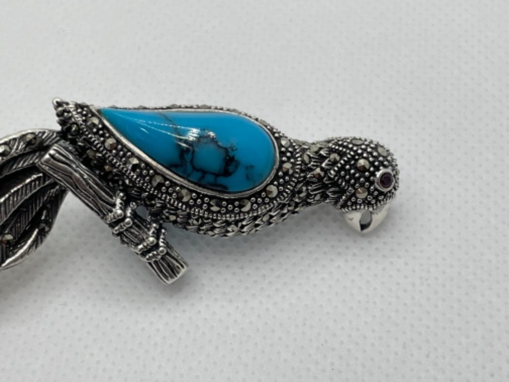 LARGE SILVER MARCASITE AND TURQUOISE TOUCAN BROOCH PENDANT - Bild 2 aus 3