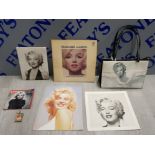 A COLLECTION OF MARILYN MONROE EPHEMERA TO INCLUDE A RARE L.P, A DESIGNER HANDBAG AND PICTURES ETC