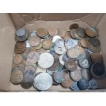 BOX OF PRE DECIMAL AND FOREIGN COINS AND BADGES AND BUTTONS VICTORIAN AND EDWARDIAN PENNIES