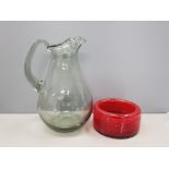 WHITEFRIARS SMOKED GLASS PITCHER JUG TOGETHER WITH A WHITEFRIARS STYLE ASHTRAY IN RED