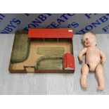 OLD COMPOSITION DOLL 50/ 60S WITH OPENING AND CLOSING EYES, ALSO TO INCLUDE A WOODEN MODEL FARM