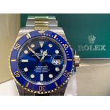 ROLEX 2020 SUBMARINER 41MM WATCH OYSTER PERPETUAL BI METAL BLUE FACE BLUE BEZEL IN ORIGINAL BOX WITH