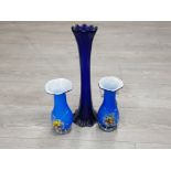 PAIR OF CASED GLASS ITALIAN VASES WITH APPLIED DECORATION TO FRONT TOGETHER WITH A LARGE BLUE COBALT
